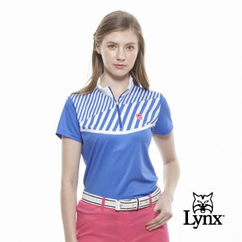 【Lynx Golf】女款吸濕排汗合身版粗細斜條印花短袖立領POLO衫(二色)