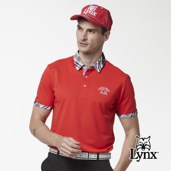 【Lynx Golf】男款吸濕排汗素面基本款格子配布設計短袖POLO衫-紅色