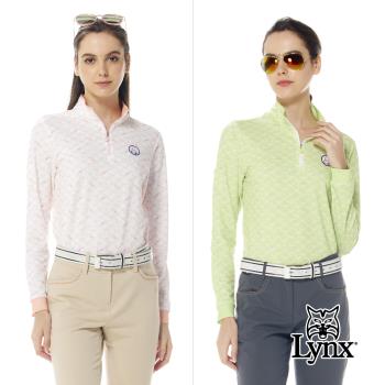 【Lynx Golf】女款吸溼排汗袖口袋設計蝴蝶結印花長袖立領POLO衫/高爾夫球衫(二色)