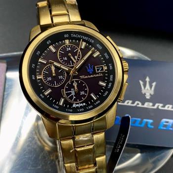 MASERATI 瑪莎拉蒂男錶 44mm 金色圓形精鋼錶殼 黑色三眼, 中三針顯示, 運動錶面款 R8873645002