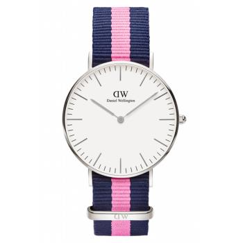 DW Daniel Wellington 經典藍粉紅帆布時尚女錶-銀框/36mm(0604DW)