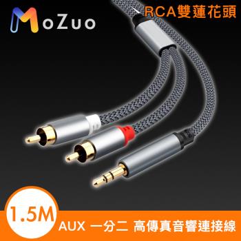 【魔宙】AUX 一分二 RCA雙蓮花頭高傳真音響連接線 銀灰 1.5M