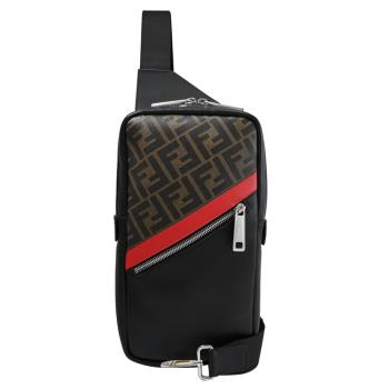 FENDI 7VZ033 經典品牌印花拼接單肩胸口/後背包.黑紅