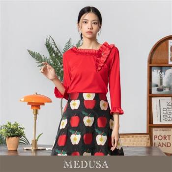 現貨【MEDUSA 曼度莎】緞面抽褶裝飾紅上衣（M-XL）｜女上衣 長袖上衣