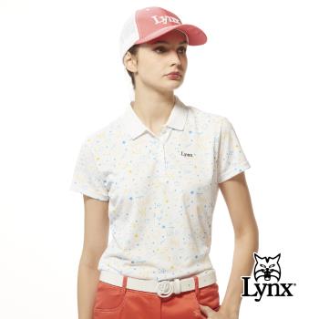 【Lynx Golf】女款吸溼排汗機能羅紋領設計滿版月亮星星印花短袖POLO衫/高爾夫球衫-白色