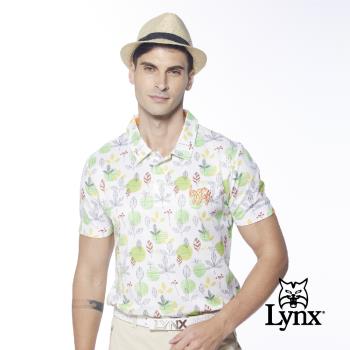 【Lynx Golf】男款吸濕排汗混紡網眼材質滿版樹葉圖樣印花短袖POLO衫/高爾夫球衫-黃綠色  