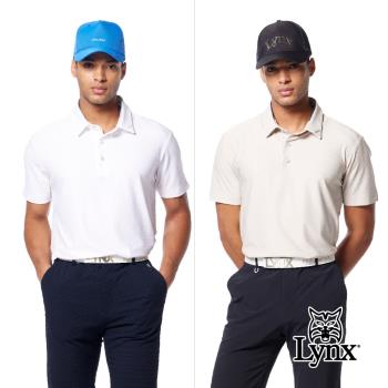 【Lynx Golf】男款吸排機能雙面人字紋路造型領口Lynx貼膜袖口開杈短袖POLO衫/高爾夫球衫-白色