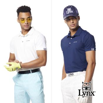 【Lynx Golf】男款合身版異材質後背剪裁設計素面外觀織帶造型短袖POLO衫/高爾夫球衫-白色