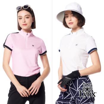 【Lynx Golf】女款吸溼排汗配色羅紋袖異材質剪裁山貓膠標造型短袖立領POLO衫/高爾夫球衫-白色