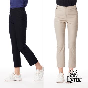 【Lynx Golf】女款彈性舒適後口袋繡花造型LOGO夜光織帶設計靴型九分褲-黑色