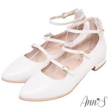 Ann’S時尚新鮮事-頂級綿羊皮三條細帶瑪莉珍平底鞋-白