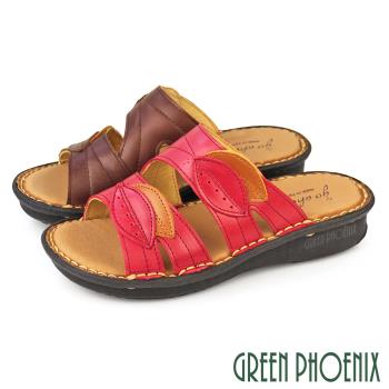 GREEN PHOENIX 女 拖鞋 厚底 小坡跟 全真皮 牛皮 台灣製U60-22561