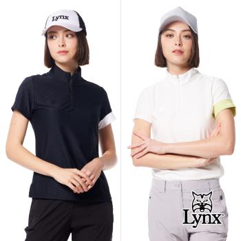 【Lynx Golf】首爾高桿風格！女款合身版吸排機能斜紋布下擺剪接造型開杈設計山貓膠標短袖立領POLO衫/高爾夫球衫-白色