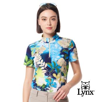 【Lynx Golf】女款歐洲進口布料柔軟舒適滿版葉子圖樣印花短袖立領POLO衫-紫色