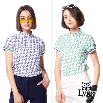 【Lynx Golf】女款吸排抗UV抗菌防臭機能網眼布滿版Lynx字樣排列印花短袖立領POLO衫/高爾夫球衫-綠色