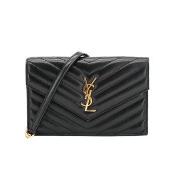 YSL Monogram 金logo粒紋牛皮斜背/肩背信封包-19cm(742920-黑)