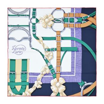 Hermes 愛馬仕 Grand Manege Detail 70 cm手工捲邊斜紋真絲方巾(綠/藍)