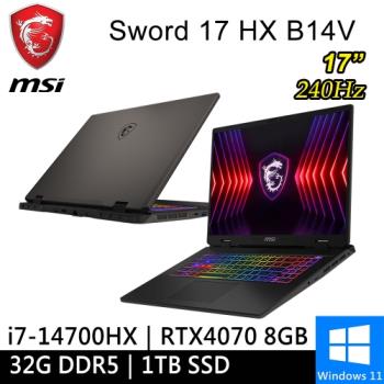 微星 Sword 17 HX B14VGKG-025TW-SP2 17吋 灰(i7/16G+16G/1TB PCIE/RTX4070 8G)特仕筆電