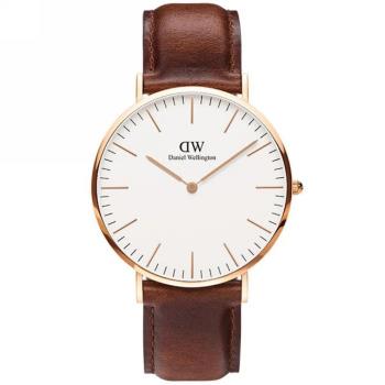 Daniel Wellington皮革風格時尚腕錶淺咖啡+玫瑰金-40mm-DW00100006