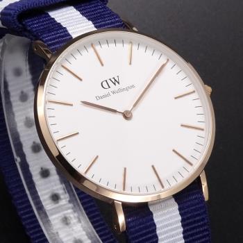 Daniel Wellington帆布風格時尚腕錶藍白+玫瑰金-40mm-DW00100004