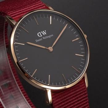 Daniel Wellington帆布風格時尚腕錶黑+帆布紅-40mm-DW00100273