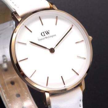Daniel Wellington皮革風格時尚腕錶-白+玫瑰金-32mm-DW00100189