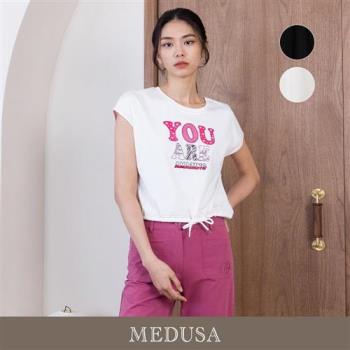 現貨【MEDUSA 曼度莎】YOU 粉紅壓線抽繩短版T恤 - 2色（M-XL）｜女休閒上衣 短版上衣