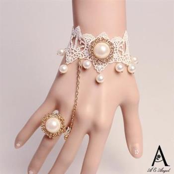 ANGEL 歐美蕾絲珍珠女款一體手鍊戒指(金色)