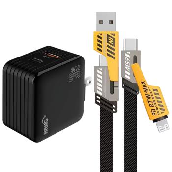 HANG 30W雙孔氮化鎵GaN快速充電器-黑+AWEI 雙子星四合一iphone與雙Type-C快充通用快速線