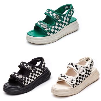 Taroko 棋盤格紋帆布厚底涼鞋拖鞋(3色2款可選)