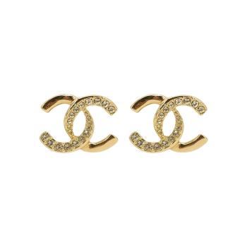 Chanel 經典雙C logo水鑽針式耳環(ABC547-金)