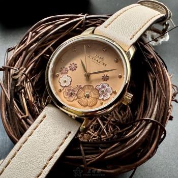 COACH 蔻馳女錶 28mm 金色圓形精鋼錶殼 粉紅中三針顯示, 山茶花錶面款 CH00207