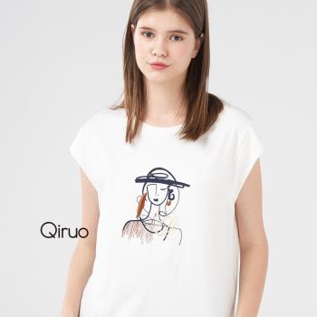 【Qiruo 奇若】春夏專櫃白色上衣1215A 小包袖插畫圖案