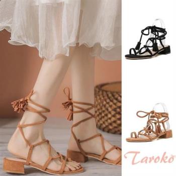  Taroko 復古方頭夾趾綁帶羅馬平底涼鞋(2色可選)