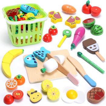 CUTE STONE兒童仿真木質水果切切樂與收納提籃22件組套裝玩具