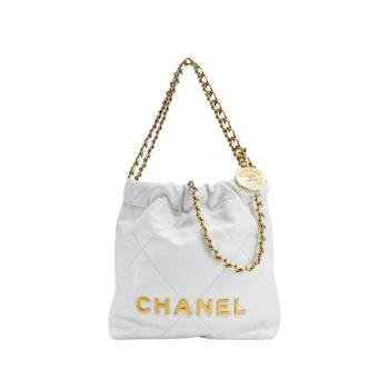 Chanel 展示品 22 Mini 菱格牛皮金鍊手提斜背兩用包(白)