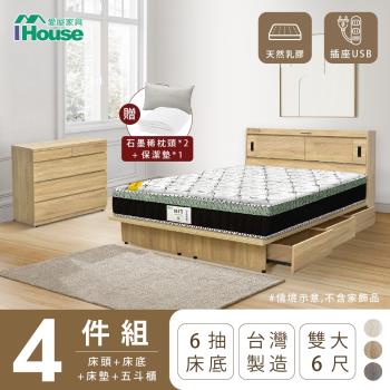 【IHouse】品田 房間4件組(床頭箱+收納抽屜底+床墊+斗櫃) 雙大6尺