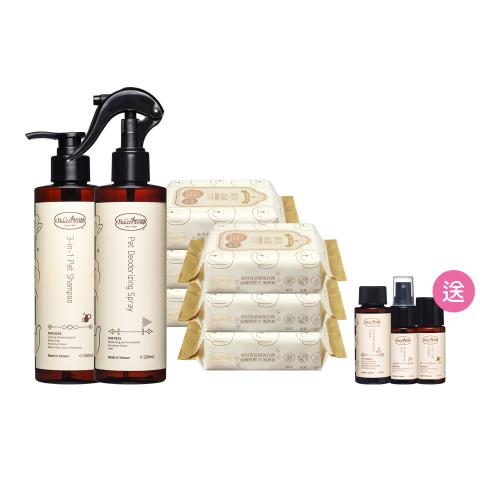 【Baan Pets】 貝恩寵物 毛孩沐浴香香超值組合（沐浴露250ml+除臭噴霧250ml+除臭濕巾30抽*2串+隨身組）