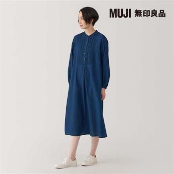 女棉薄紗藍染長袖洋裝 深藍【MUJI 無印良品】