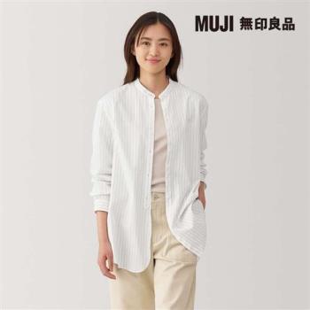 女水洗平織布立領長袖長版襯衫 象牙白直紋【MUJI 無印良品】