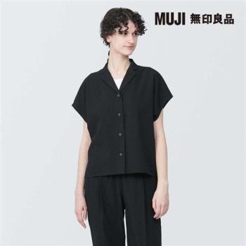 女透氣彈性泡泡紗開領短袖襯衫 黑色【MUJI 無印良品】