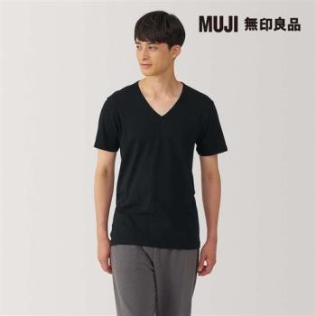 男棉保暖V領短袖T恤 黑色【MUJI 無印良品】