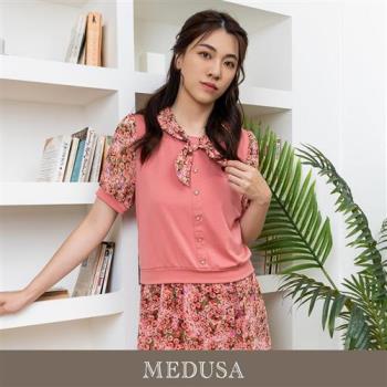 現貨【MEDUSA 曼度莎】粉色碎花雪紡領巾上衣（M-XL）｜女短袖上衣 雪紡拼接