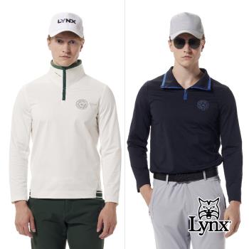 【Lynx Golf】首爾高桿風格！男款合身版彈性舒適羅紋下擺剪接立領造型山貓圖騰印花長袖POLO衫(二色)