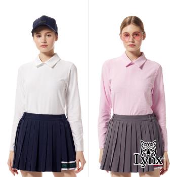 【Lynx Golf】首爾高桿風格！女款合身版吸排抗UV機能雙面精美緹花山貓造型後拉鍊織帶設計長袖POLO衫/高爾夫球衫(二色)