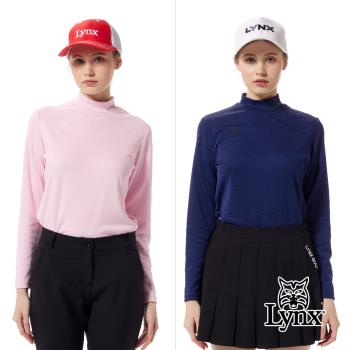 【Lynx Golf】首爾高桿風格！女款合身版吸溼排汗格紋緹花配布剪接素面造型長袖圓領POLO衫/高爾夫球衫(二色)