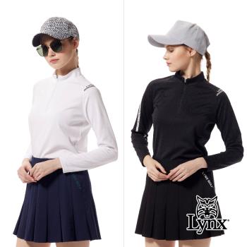 【Lynx Golf】首爾高桿風格！女款合身吸溼排汗緹花配布特殊領型膠印長袖立領POLO衫/高爾夫球衫(二色)