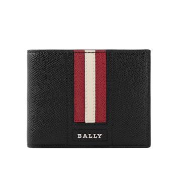 BALLY Tevye 防刮皮革紅白條紋對開6卡短夾(黑色) 6224892