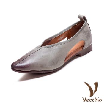 VECCHIO 全真皮復古尖頭挖空低跟鞋 全真皮頭層牛皮復古尖頭挖空低跟鞋 女鞋 灰