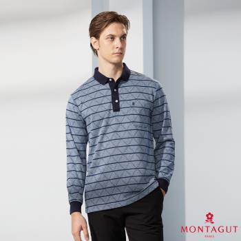 【MONTAGUT夢特嬌】MIT台灣製商務休閒菱格紋長袖POLO衫(W4233-65藍灰)